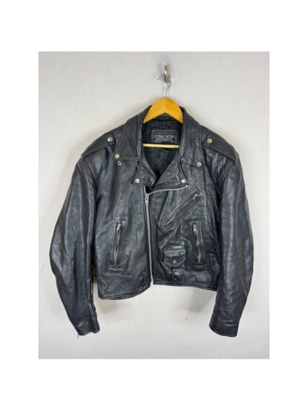 Cosa Nova Vintage Black Leather Motorcycle Jacket Harley Davidson Patch Mens XL